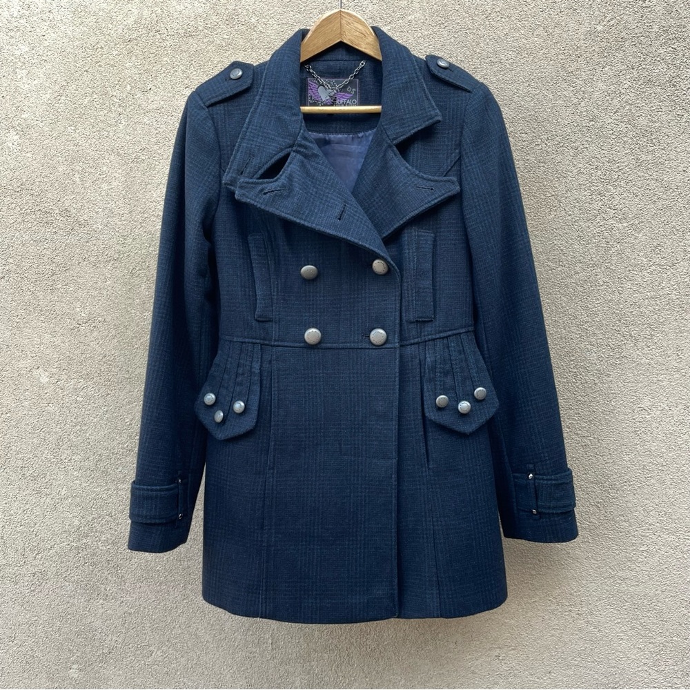 Buffalo by David Bitton Blk/Blue Wool Blend Houndstooth Peplum Pea Coat Sz S